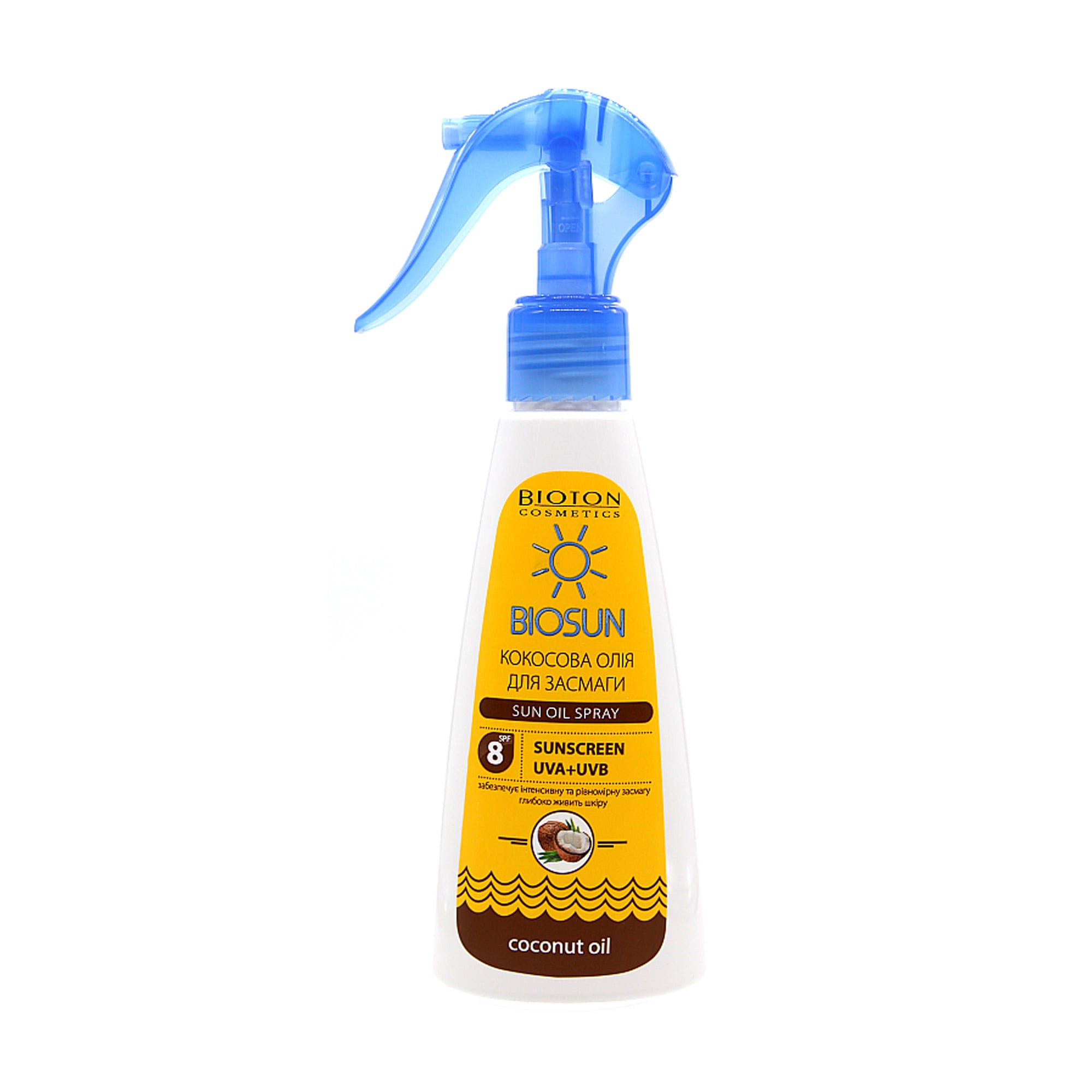 Кокосова олія для засмаги Bioton Cosmetics BioSun Sun Oil Spray SPF 8, 150 мл